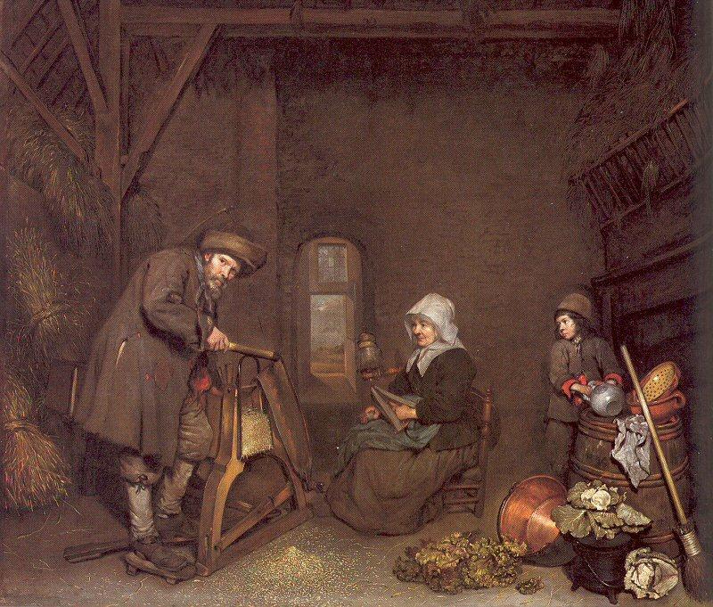 NETSCHER, Caspar Chaff Cutter with a Woman Spinning and a Young Boy